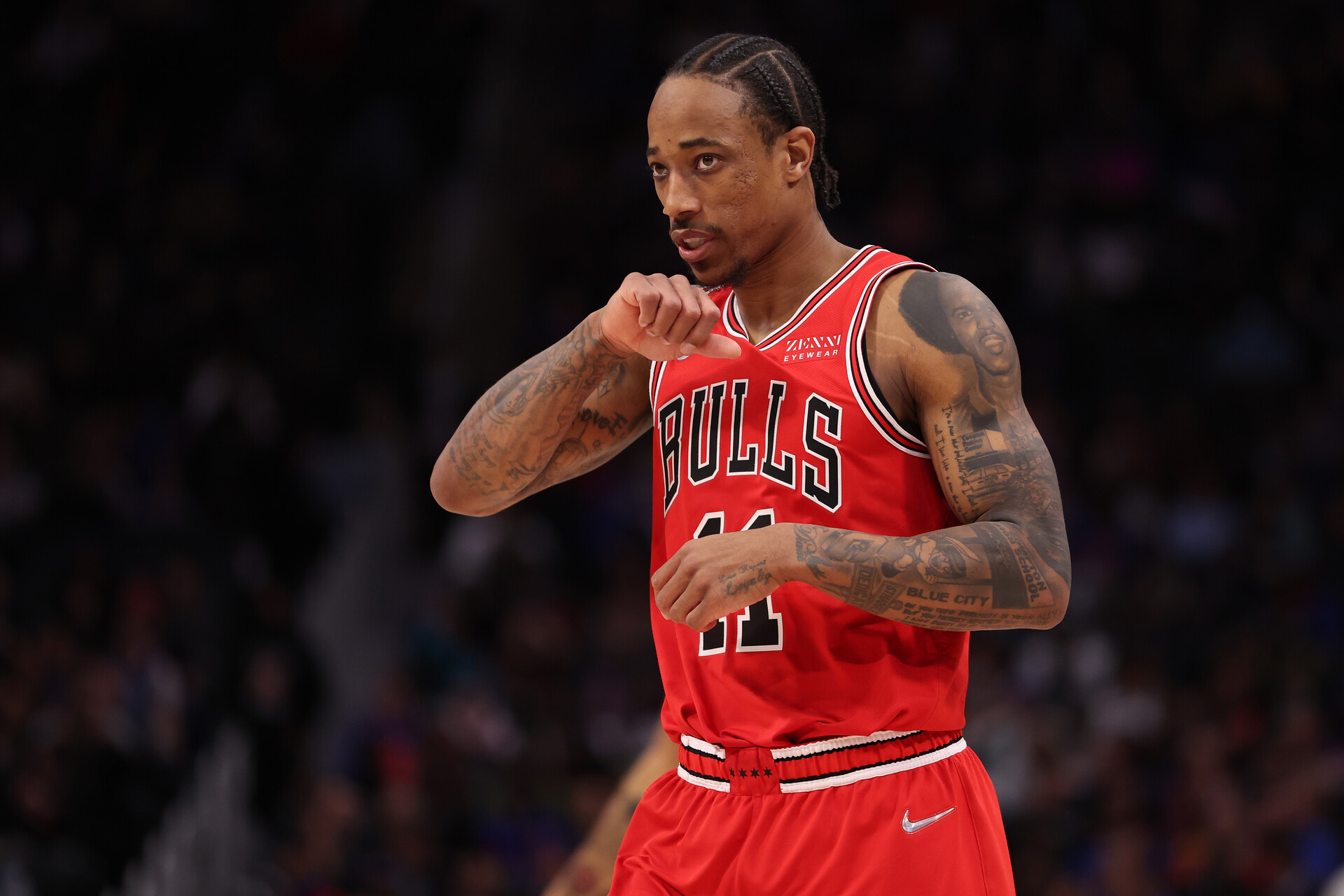 DeMar DeRozan #11 of the Chicago Bulls enters the game in the second half against the Detroit Pistons at Little Caesars Arena on March 09, 2022 in Detroit, Michigan. Chicago won the game 114-108.