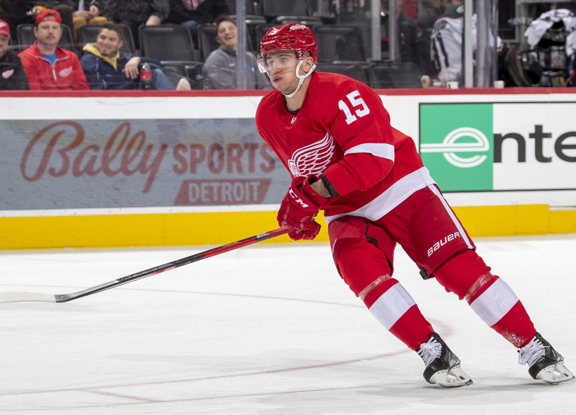 Jakub Vrana (15) of the Detroit Red Wings follows the play against the Arizona Coyotes during the third period of an NHL game at Little Caesars Arena on March 8, 2022 in Detroit, Michigan. Arizona defeated Detroit 9-2.
