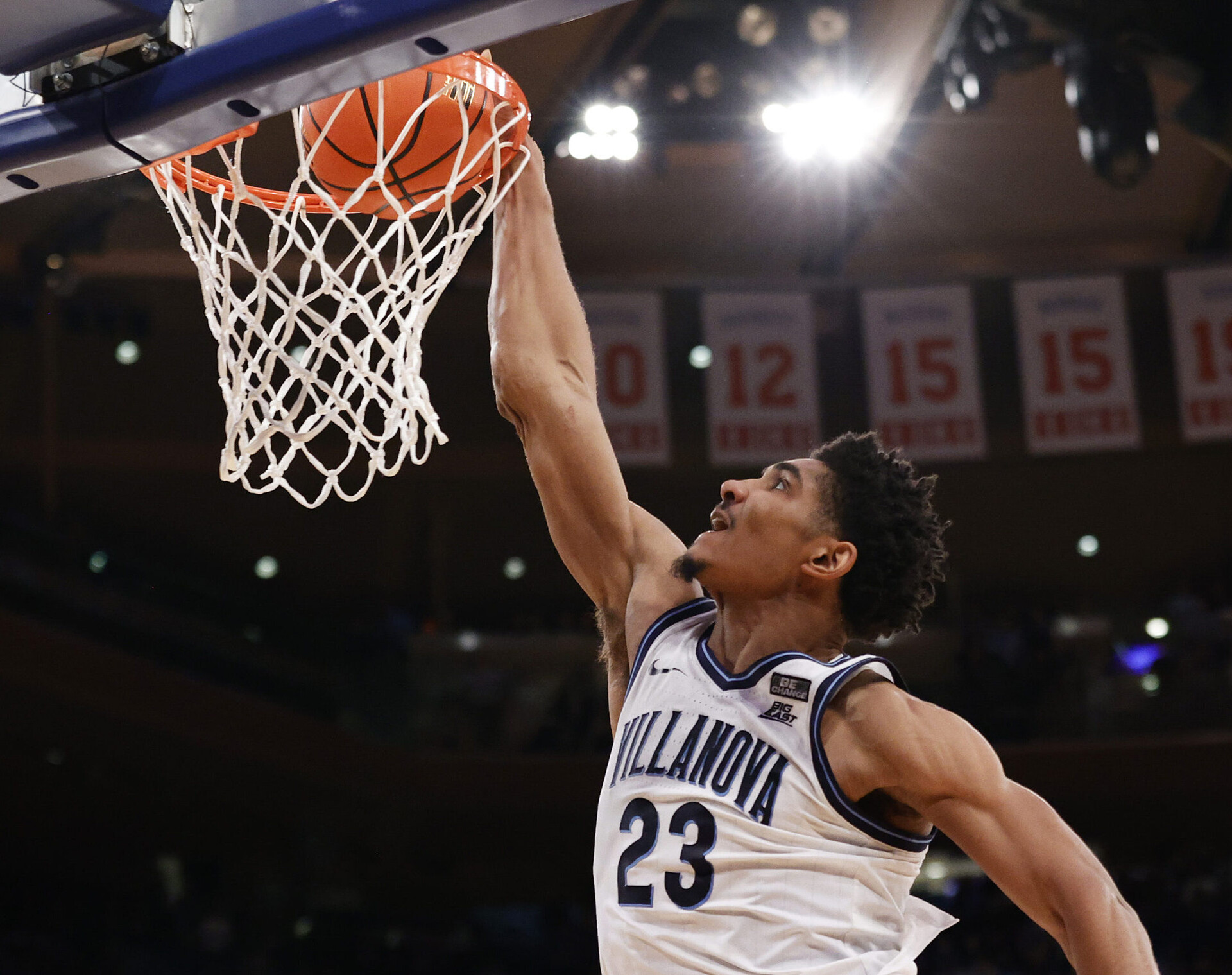 Jermaine Samuels #23 of the Villanova Wildcats dunks the ball in the second half of the game against the Connecticut Huskies during the 2022 Big East Tournament at Madison Square Garden on March 11, 2022 in New York City.