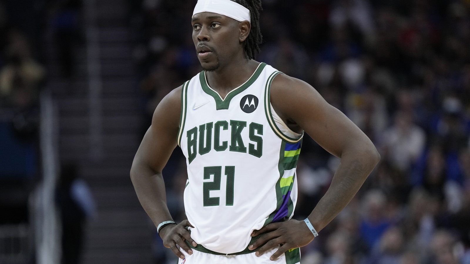 Jrue Holiday #21 of the Milwaukee Bucks looks on against the Golden State Warriors in the second half of an NBA basketball game at Chase Center on March 12, 2022 in San Francisco, California.