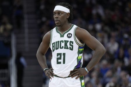 Jrue Holiday #21 of the Milwaukee Bucks looks on against the Golden State Warriors in the second half of an NBA basketball game at Chase Center on March 12, 2022 in San Francisco, California.