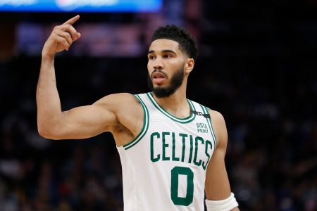 Jayson Tatum #0 of the Boston Celtics looks on in the fourth quarter against the Golden State Warriors at Chase Center on March 16, 2022 in San Francisco, California.