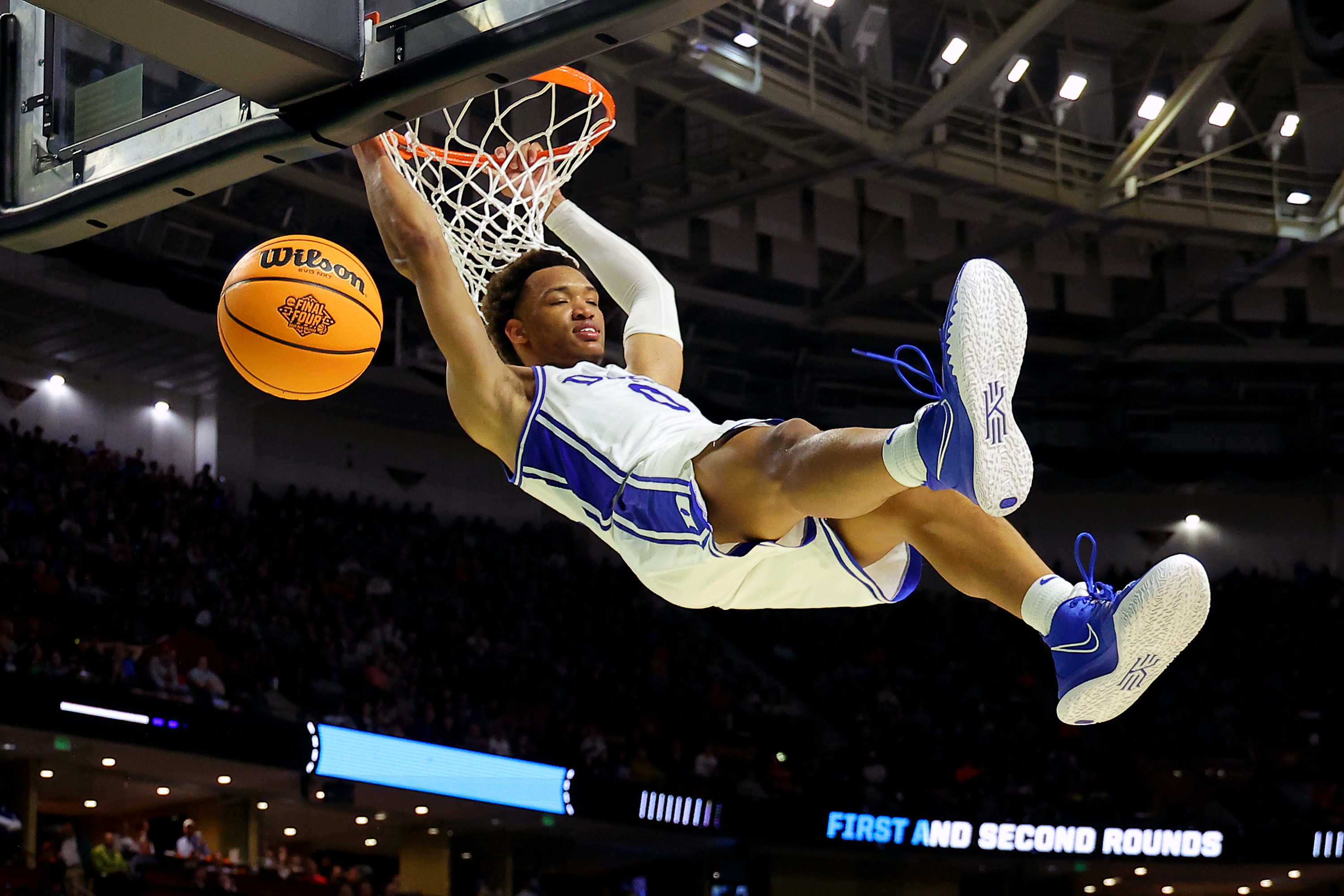 Wendell Moore Jr. #0 of the Duke Blue Devils steals and dunks the ball against the Cal State Fullerton Titans during the second half in the first round game of the 2022 NCAA Men's Basketball Tournament at Bon Secours Wellness Arena