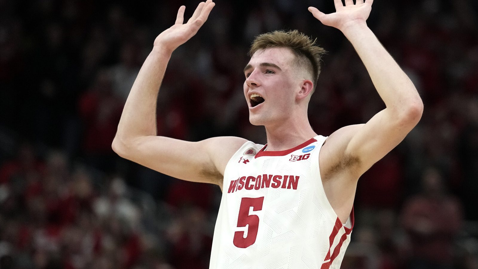 Tyler Wahl #5 of the Wisconsin Badgers reacts in the second half against the Colgate Raiders during the first round of the 2022 NCAA Men's Basketball Tournament at Fiserv Forum