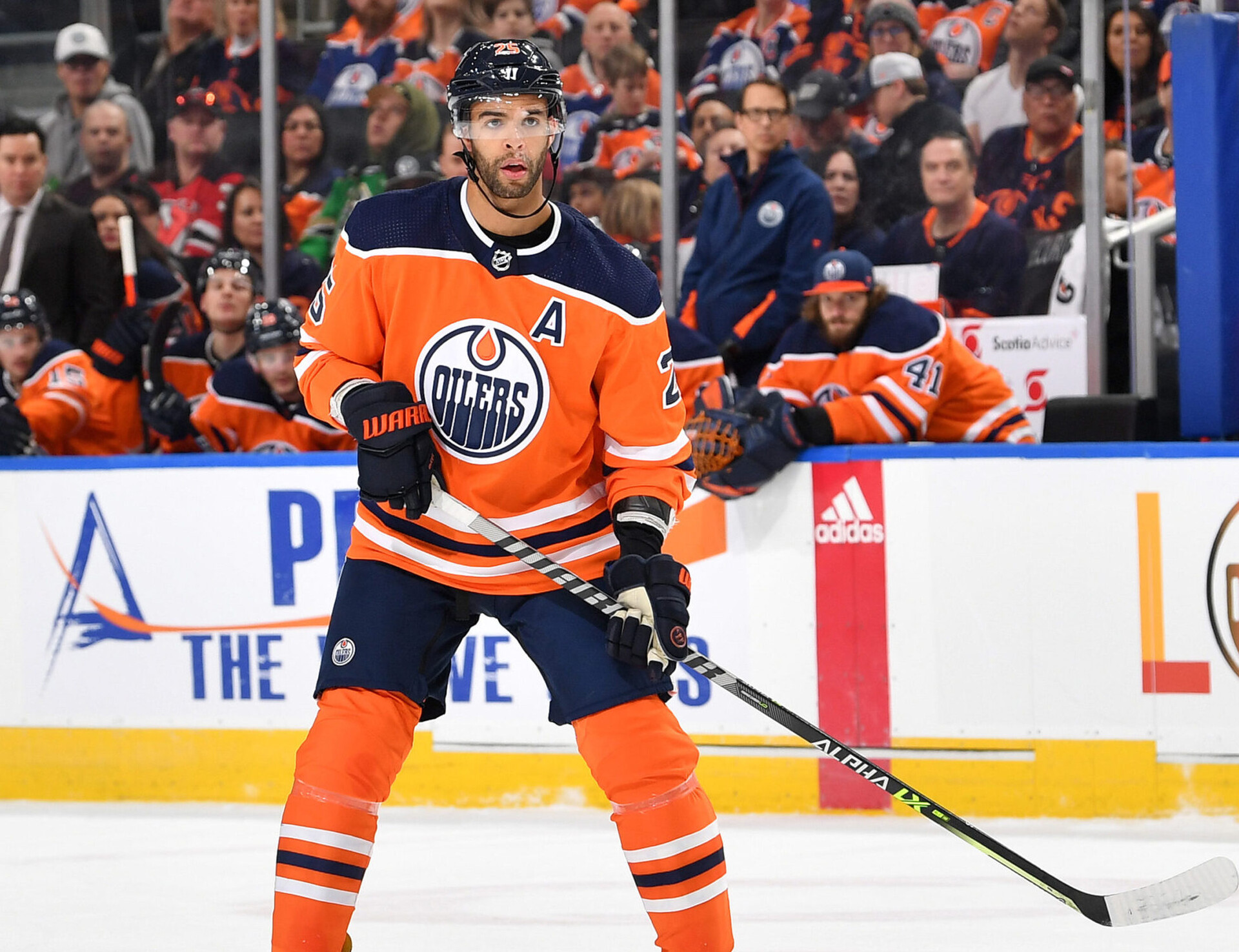Darnell Nurse #25 of the Edmonton Oilers skates during the game against the New Jersey Devils on March 19, 2022 at Rogers Place in Edmonton, Alberta, Canada.