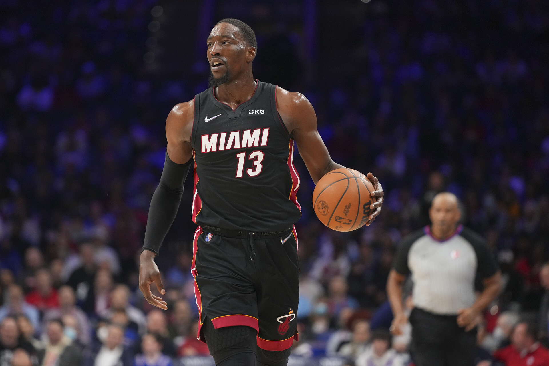 Bam Adebayo #13 of the Miami Heat dribbles the ball against the Philadelphia 76ers at the Wells Fargo Center on March 21, 2022 in Philadelphia, Pennsylvania.