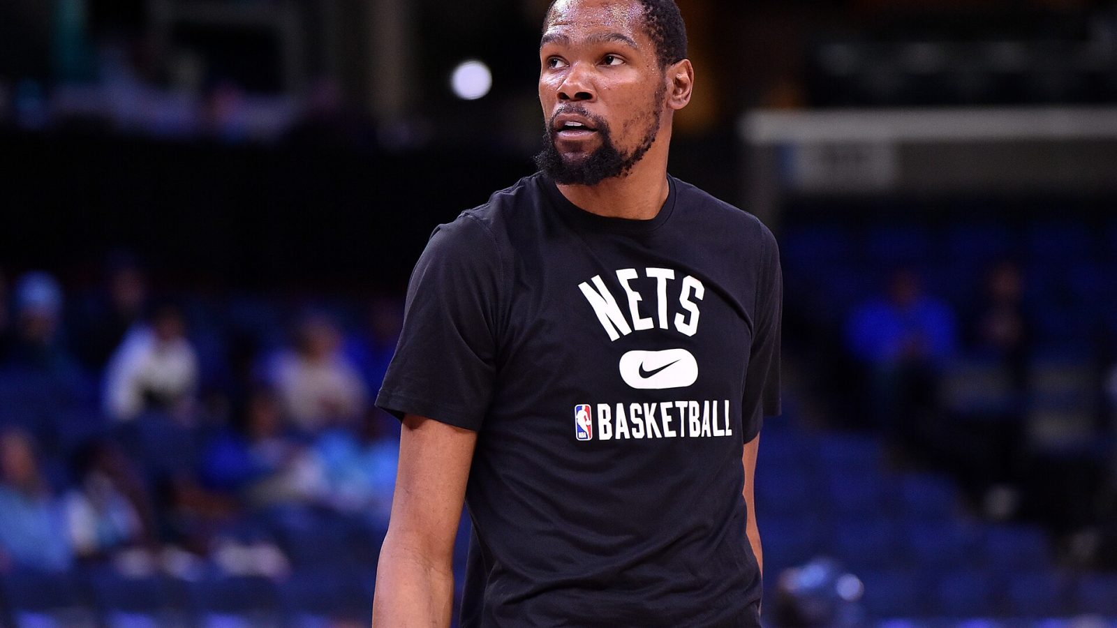 Kevin Durant #7 of the Brooklyn Nets warms up before the game against the Memphis Grizzlies at FedExForum on March 23, 2022 in Memphis, Tennessee.