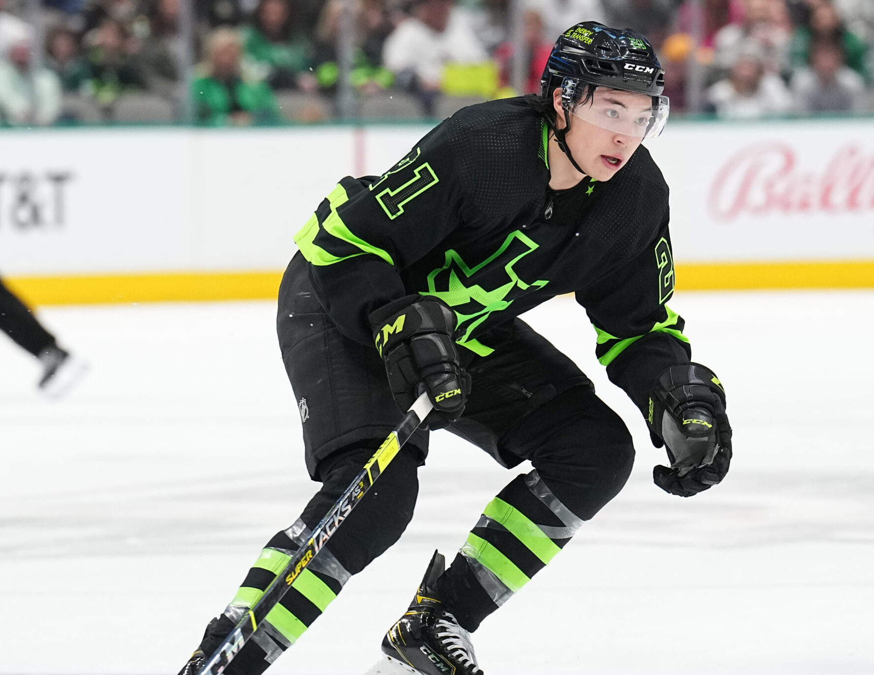 Jason Robertson #21 of the Dallas Stars skates against the Vancouver Canucks at the American Airlines Center on March 26, 2022 in Dallas, Texas.