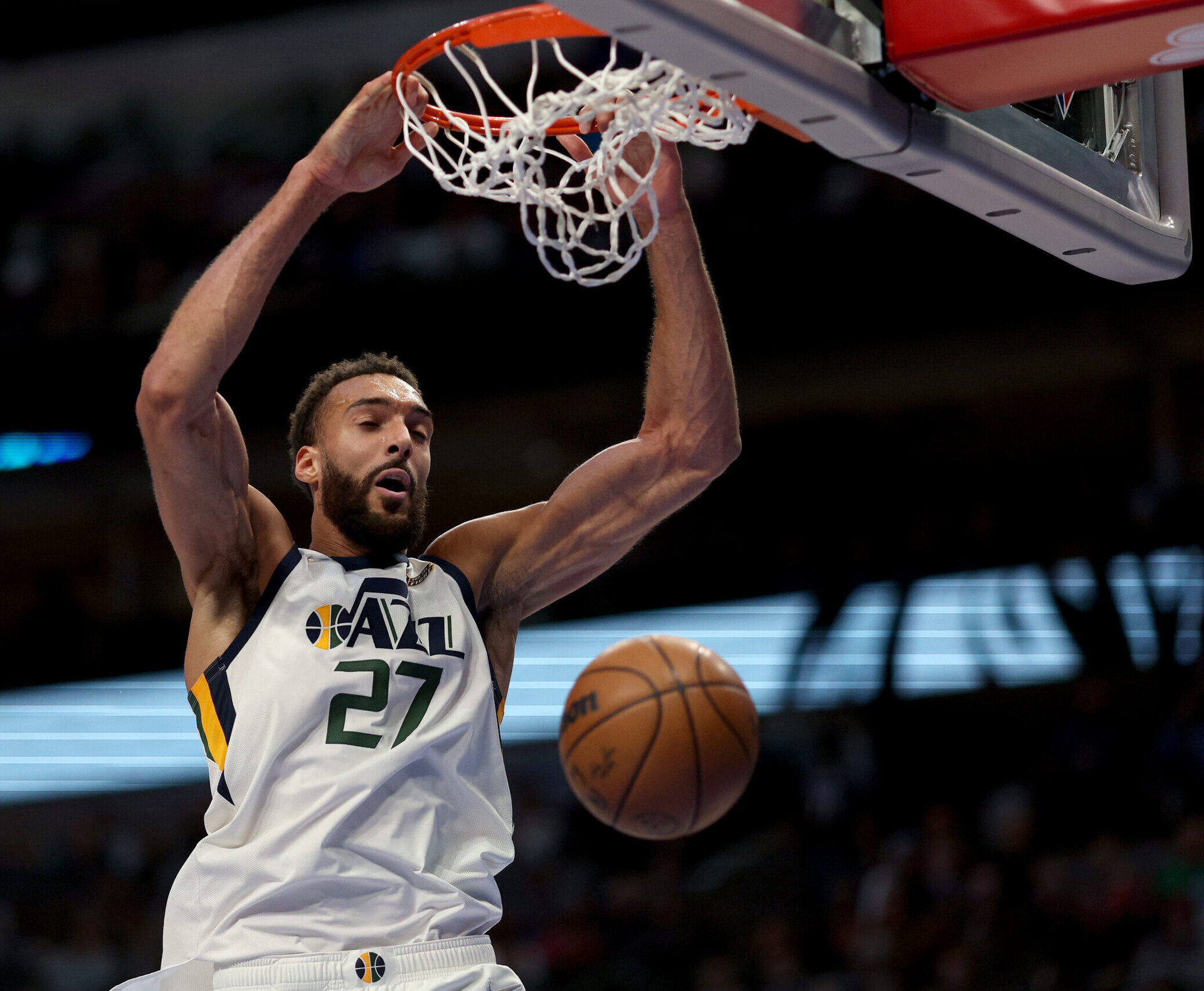 Rudy Gobert #27 of the Utah Jazz dunks the ball against Maxi Kleber #42 of the Dallas Mavericks in the second half at American Airlines Center on March 07, 2022 in Dallas, Texas.