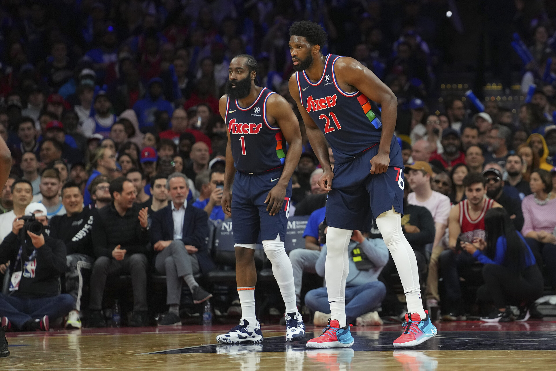 James Harden #1 and Joel Embiid #21 of the Philadelphia 76ers in action against the Chicago Bulls at the Wells Fargo Center on March 7, 2022 in Philadelphia, Pennsylvania.