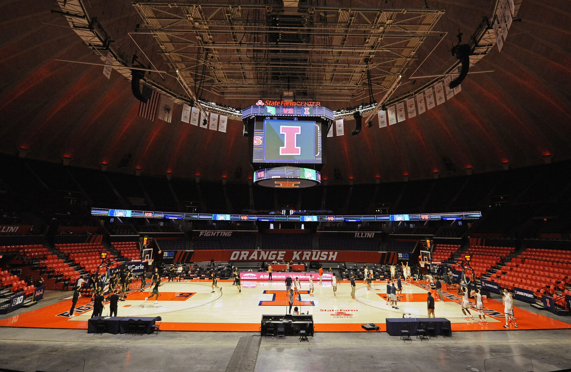 An overview of the empty arena as players warm up for the college basketball game between the Ohio Bobcats and the Illinois Fighting Illini on November 27, 2020, at the State Farm Center in Champaign