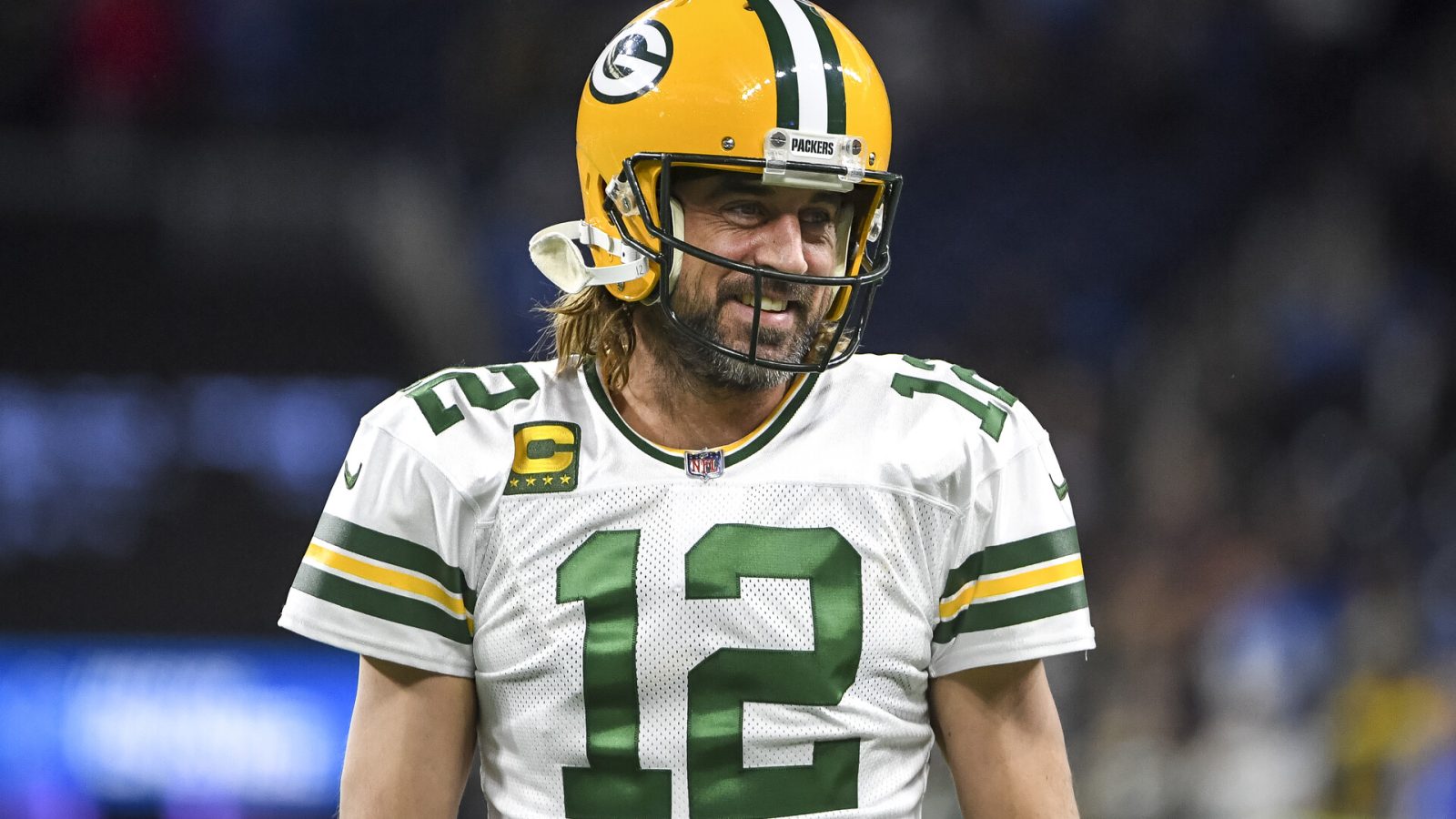 Aaron Rodgers #12 of the Green Bay Packers looks on before the game against the Detroit Lions at Ford Field on January 09, 2022 in Detroit, Michigan.