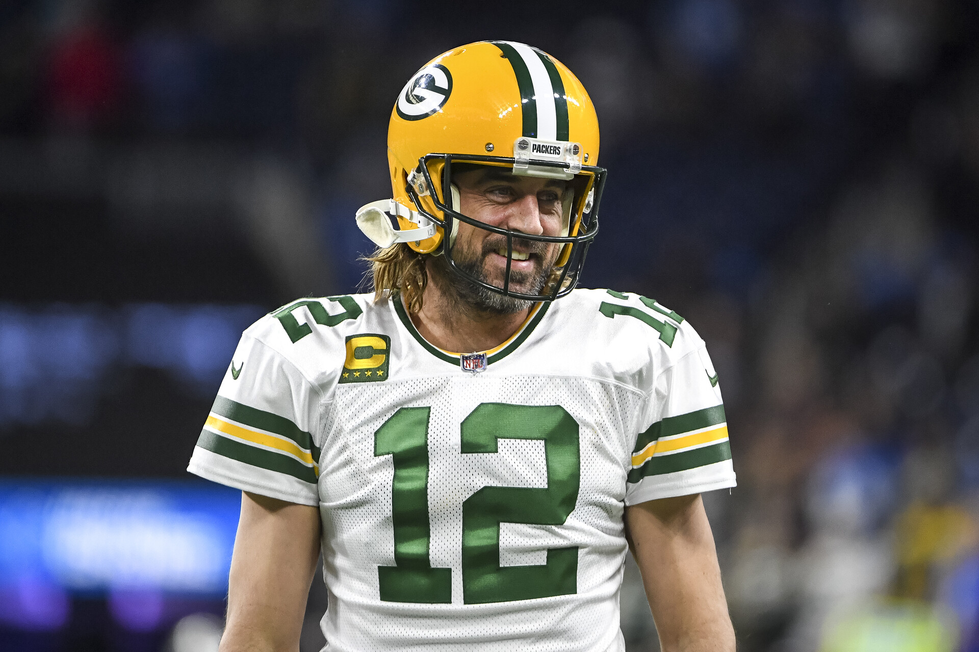 Aaron Rodgers #12 of the Green Bay Packers looks on before the game against the Detroit Lions at Ford Field on January 09, 2022 in Detroit, Michigan.