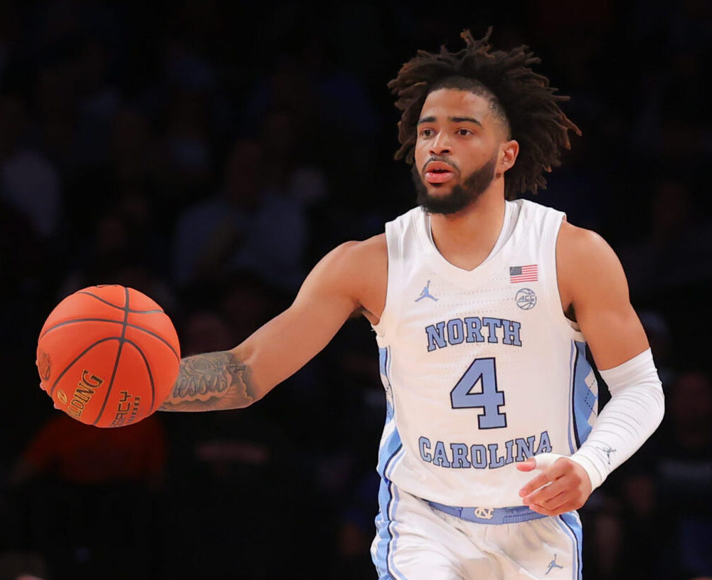 North Carolina Tar Heels guard R.J. Davis (4) controls the ball during the first half of the ACC Tournament semi final college basketball game between the North Carolina Tar Heels and the Virginia Tech Hokies on March 11, 2022 at the Barclays Center in Brooklyn, New York