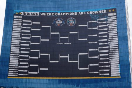 Mar 22, 2021; Indianapolis, Indiana, USA; The 2021 Final Four March Madness playoff bracket is displayed on the JW Marriott hotel.