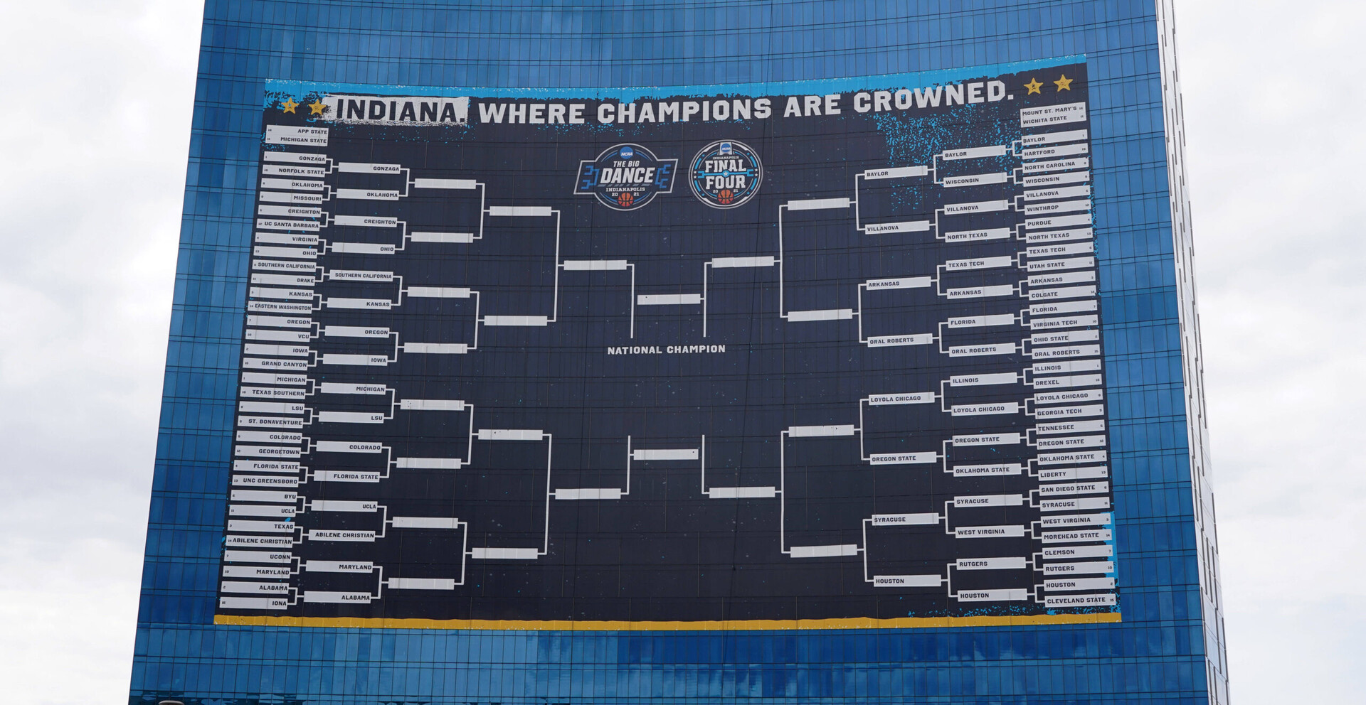 Mar 22, 2021; Indianapolis, Indiana, USA; The 2021 Final Four March Madness playoff bracket is displayed on the JW Marriott hotel.