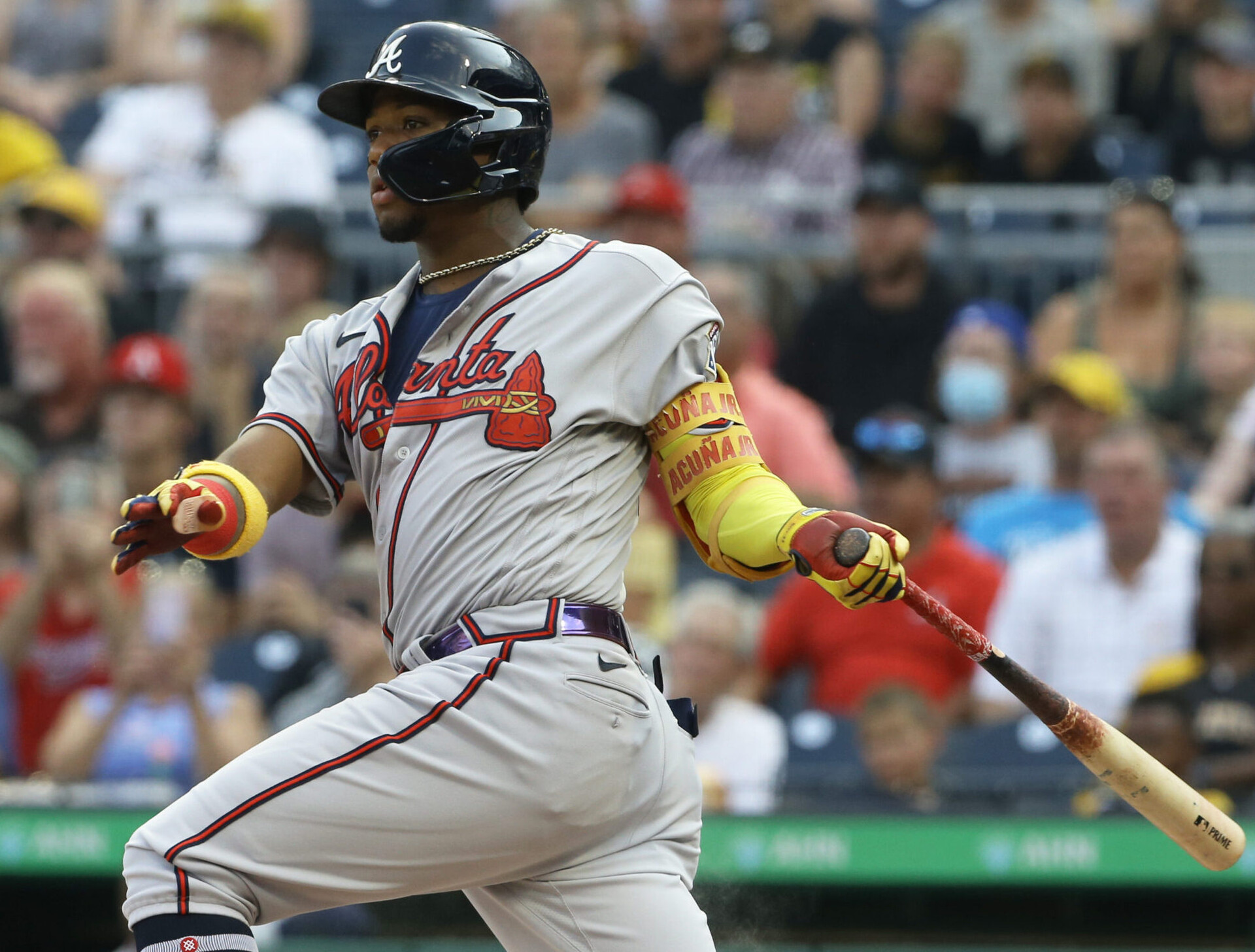 Atlanta Braves right fielder Ronald Acuna Jr. follows through on a swing during an at-bat against the Pittsburgh Pirates