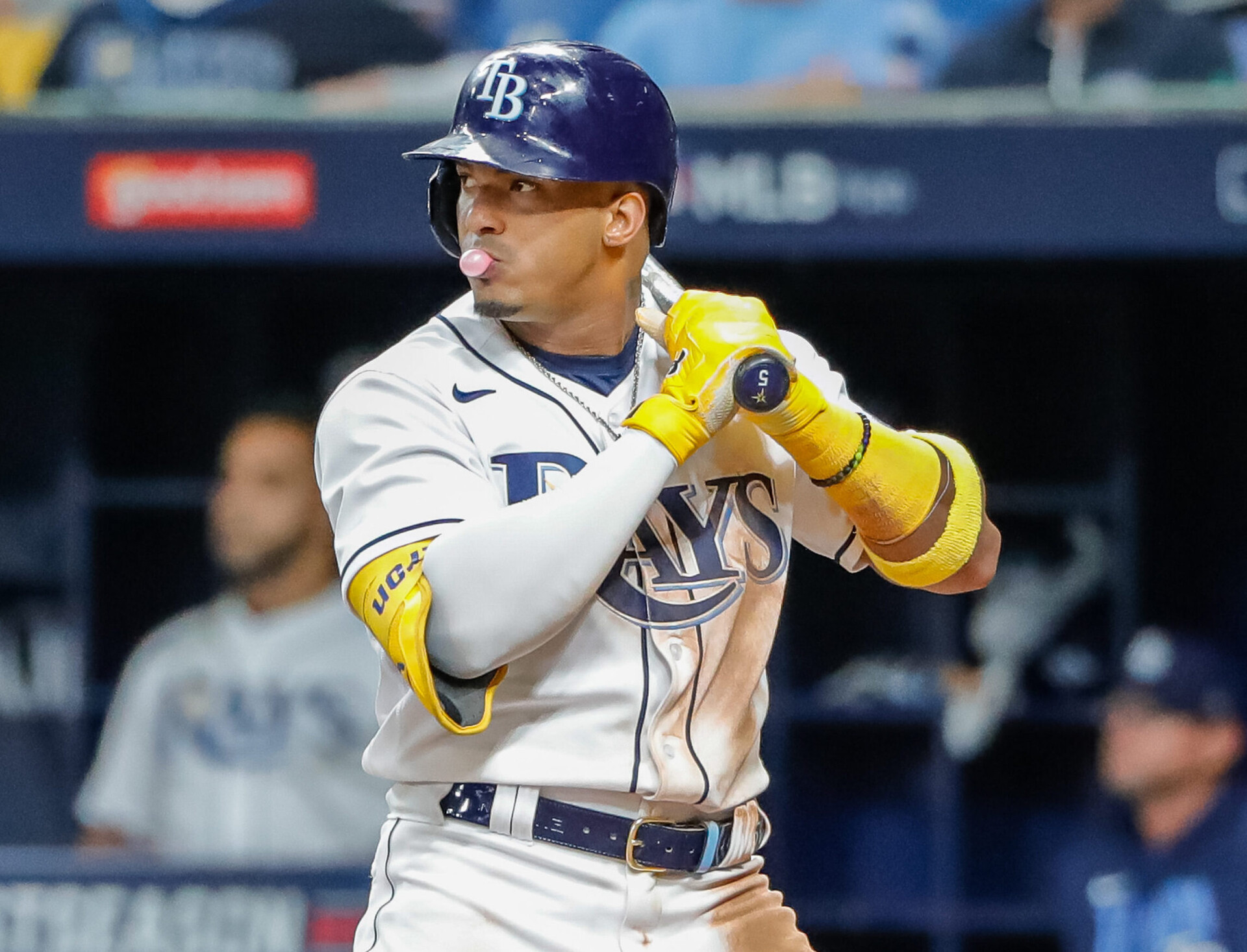 Tampa Bay Rays shortstop Wander Franco blows a bubble while waiting for a pitch in against the Boston Red Sox