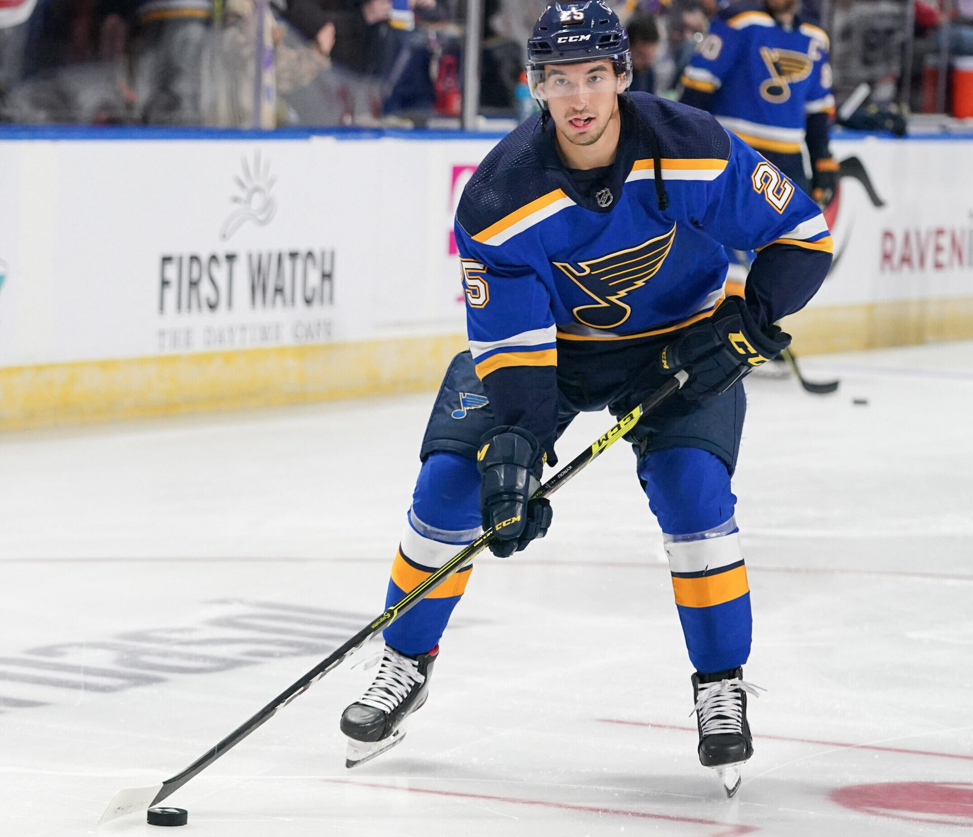 Louis Blues center Jordan Kyrou warms up before a game against the Chicago Blackhawks