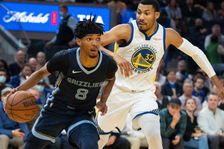 Memphis Grizzlies guard Ziaire Williams (left) dribbles the basketball with his right hand while attempting to make a move around defending Golden State Warriors forward Otto Porter Jr. (right)