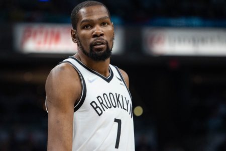 Brooklyn Nets forward Kevin Durant pauses during a break in the action against the Indiana Pacers