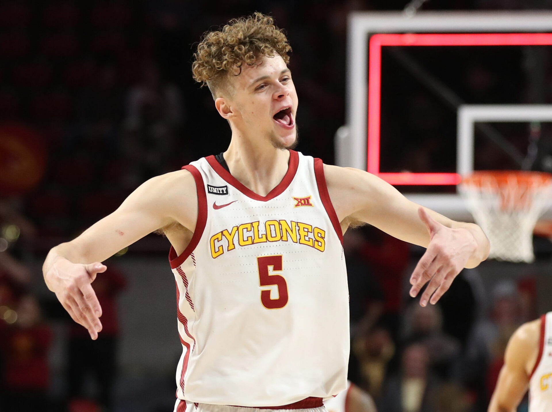 Iowa State Cyclones forward Aljaz Kunc shouts and makes hand gestures while celebrating a play during a Big 12 basketball game against the Texas Tech Red Raiders
