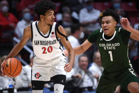 San Diego State Aztecs forward Chad Baker (left) dribbles the basketball with his right hand while defended by Colorado State Rams guard Trace Young (right) during a Mountain West conference basketball game