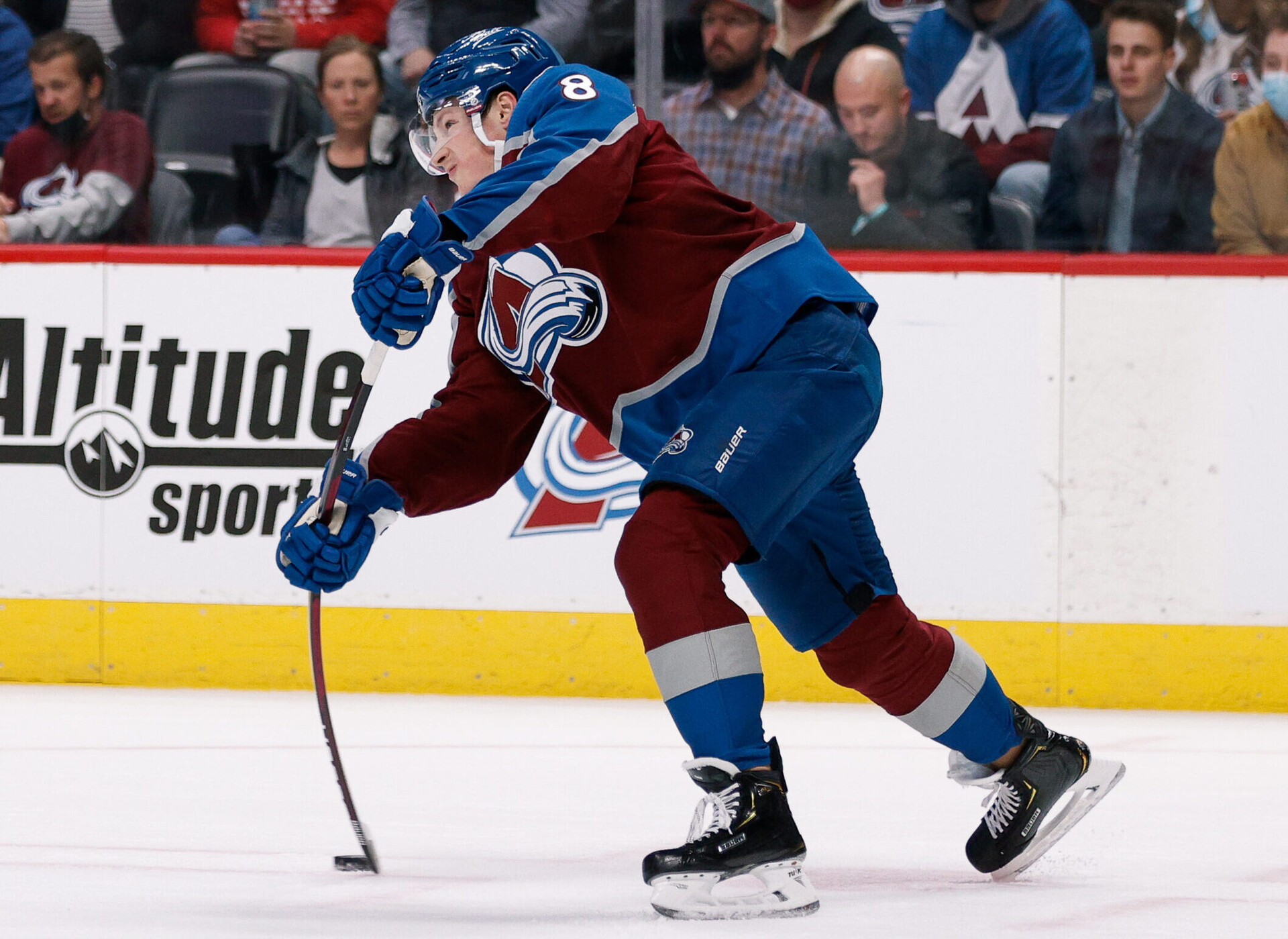 Colorado Avalanche defenseman Cale Makar passes the puck during a game against the Montreal Canadiens