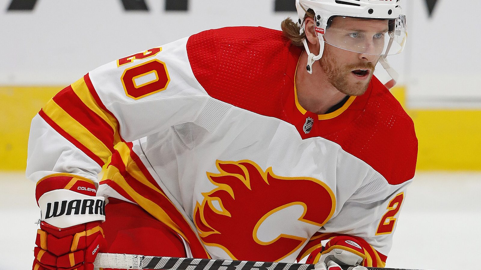 Calgary Flames forward Blake Coleman skates during warmups before a game against the Edmonton Oilers