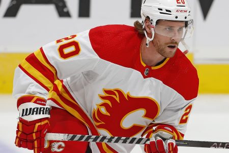 Calgary Flames forward Blake Coleman skates during warmups before a game against the Edmonton Oilers