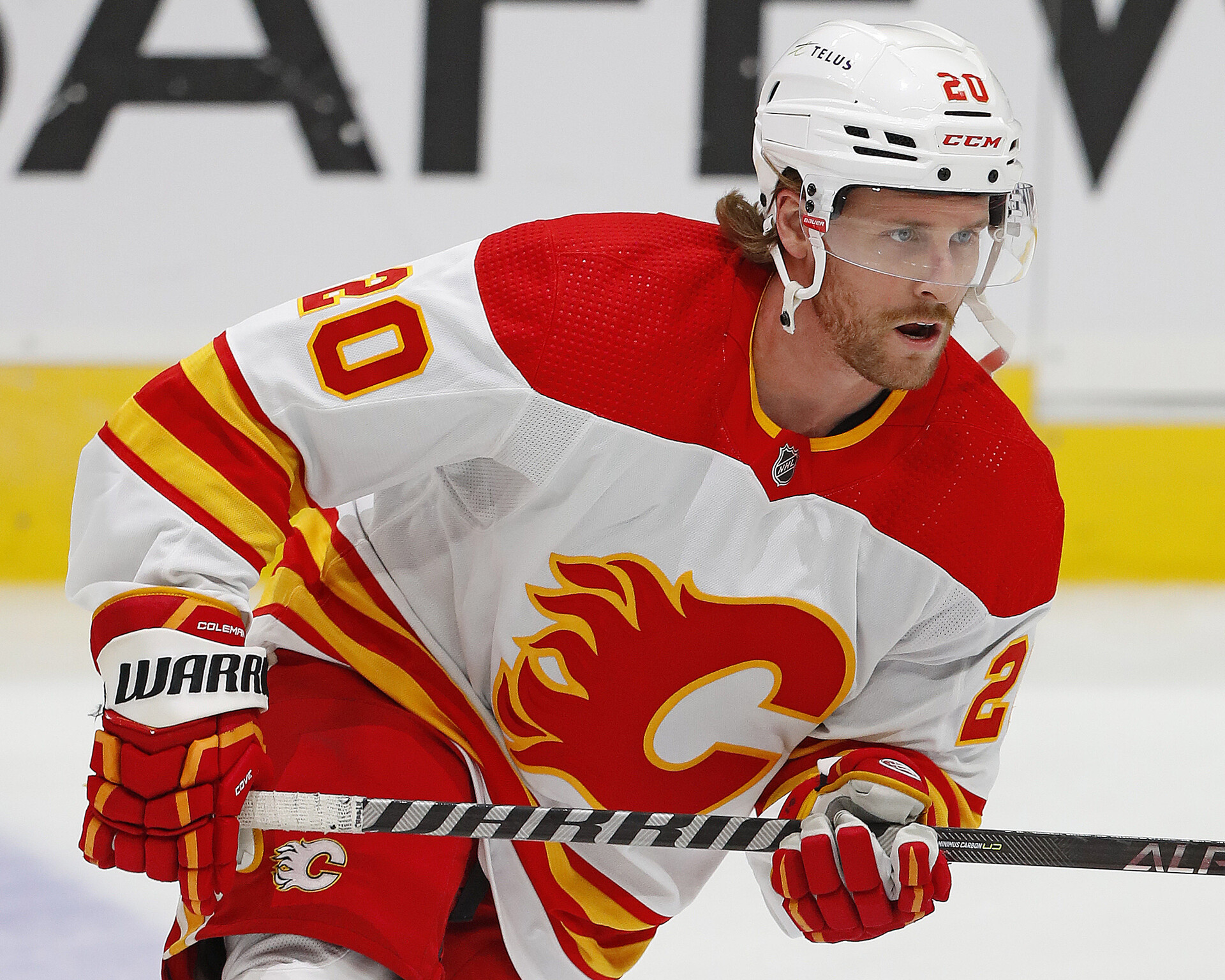 Calgary Flames forward Blake Coleman skates during warmups before a game against the Edmonton Oilers