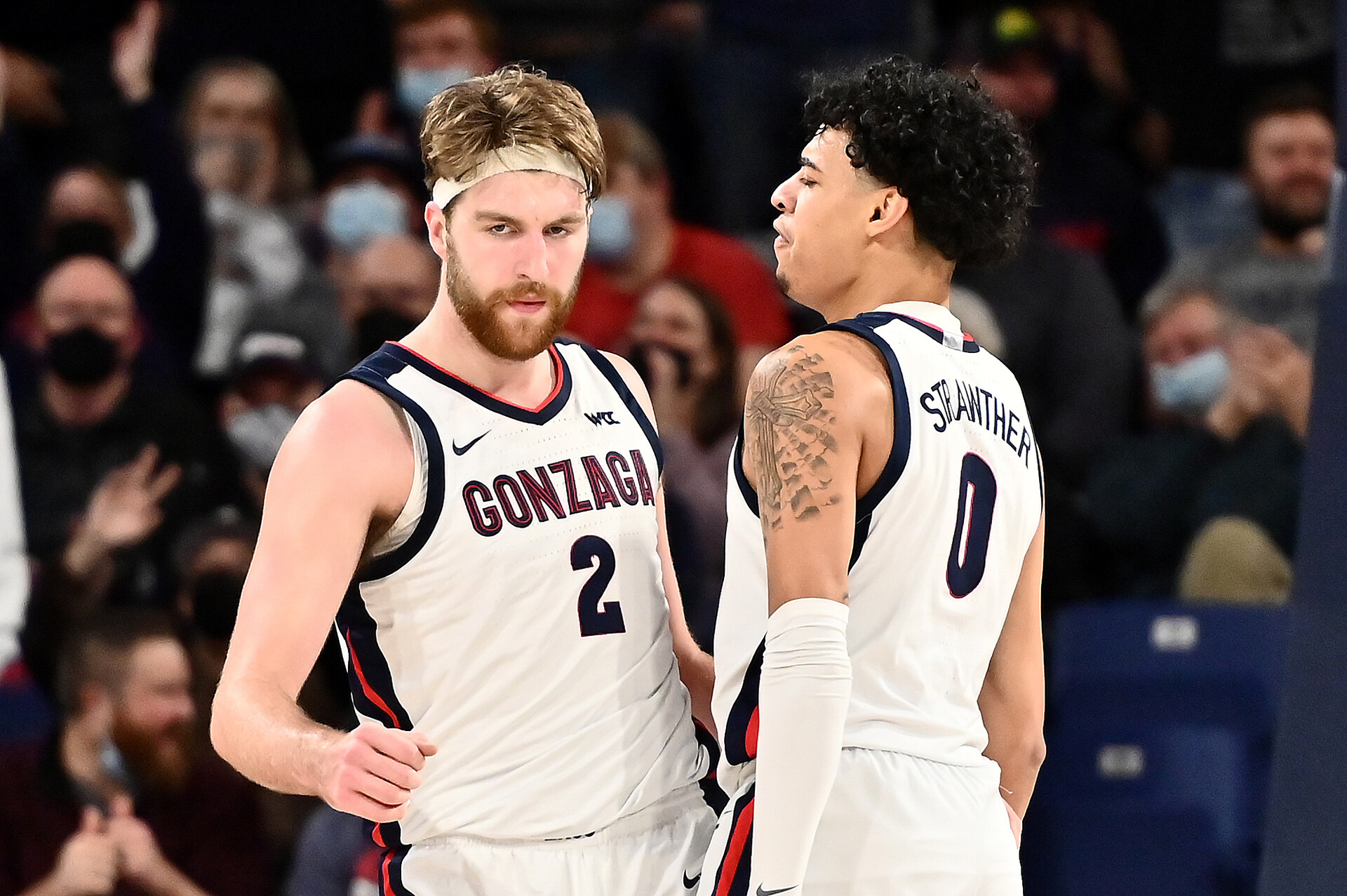 Gonzaga Bulldogs forward Drew Timme (left) and Gonzaga Bulldogs guard Julian Strawther (right) celebrate a play against the San Francisco Dons during a West Coast Conference basketball game