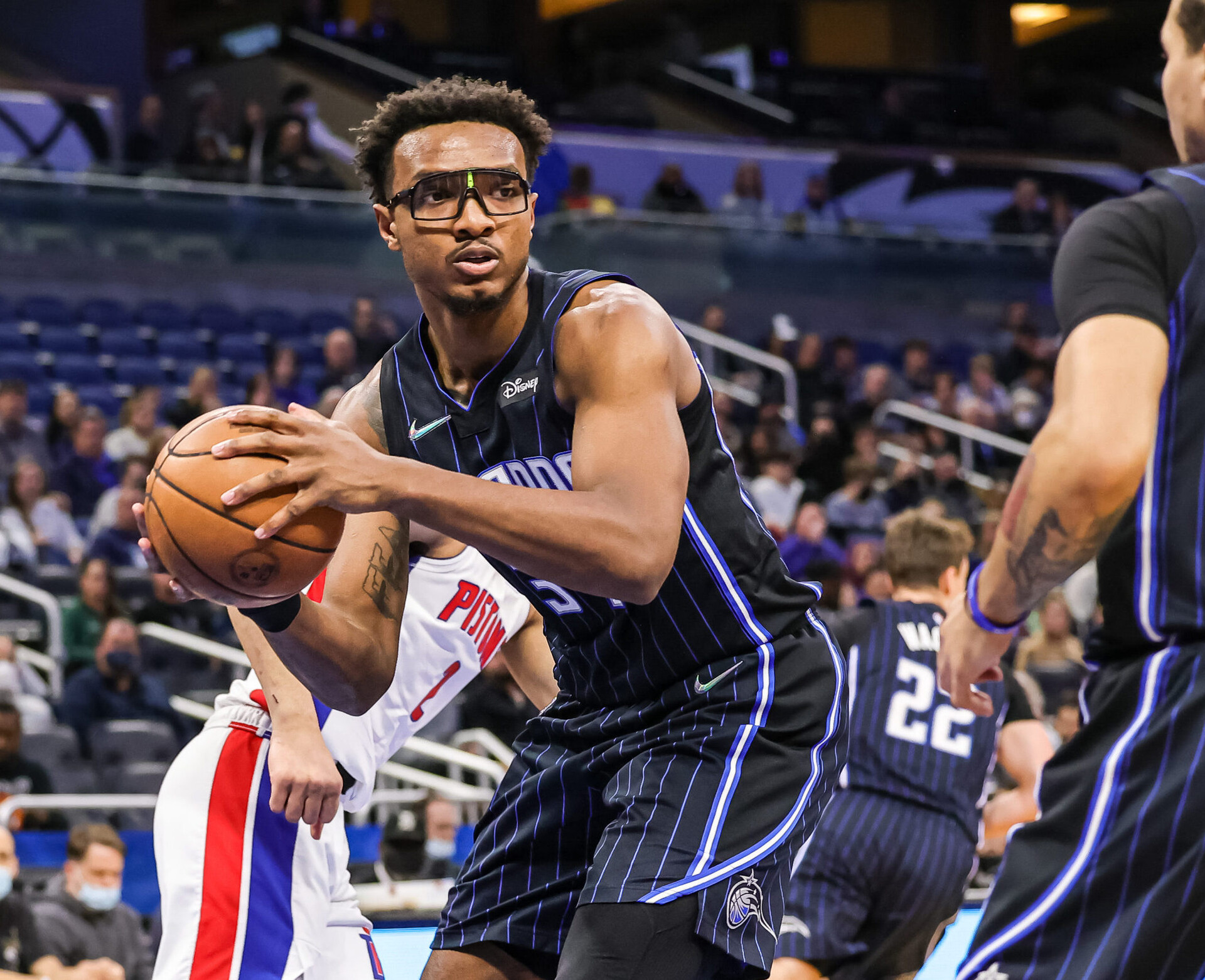 Orlando Magic center Wendell Carter Jr. grabs a rebound against the Detroit Pistons