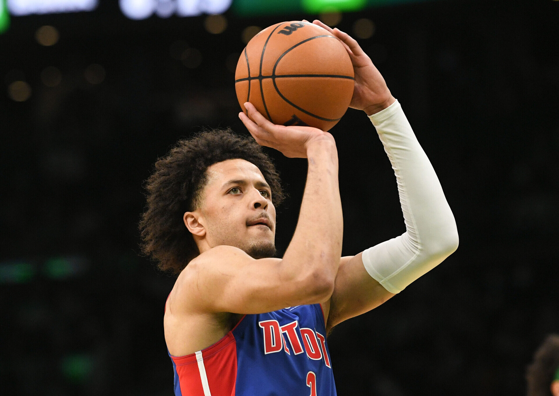 Detroit Pistons guard Cade Cunningham attempts a free throw against the Boston Celtics