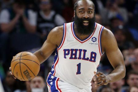 Philadelphia 76ers guard James Harden dribbles the ball up court against the Minnesota Timberwolves