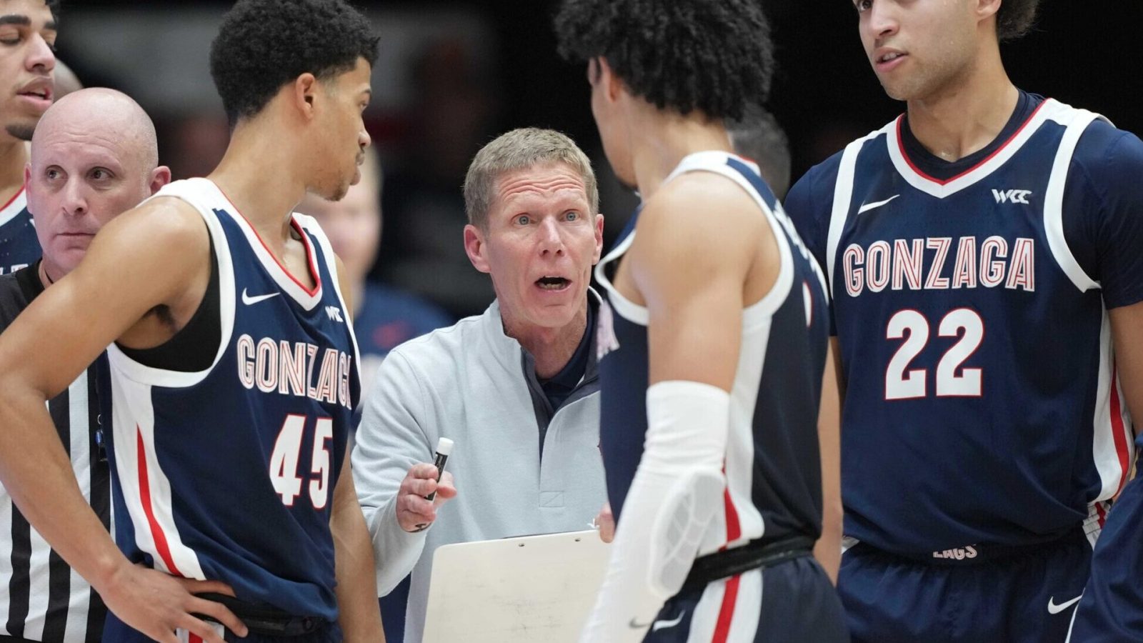 Feb 26, 2022; Moraga, California, USA; Gonzaga Bulldogs head coach Mark Few talks to players during the second half against the Saint Mary's Gaels at University Credit Union Pavilion.