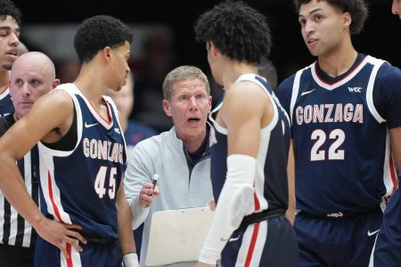 Feb 26, 2022; Moraga, California, USA; Gonzaga Bulldogs head coach Mark Few talks to players during the second half against the Saint Mary's Gaels at University Credit Union Pavilion.
