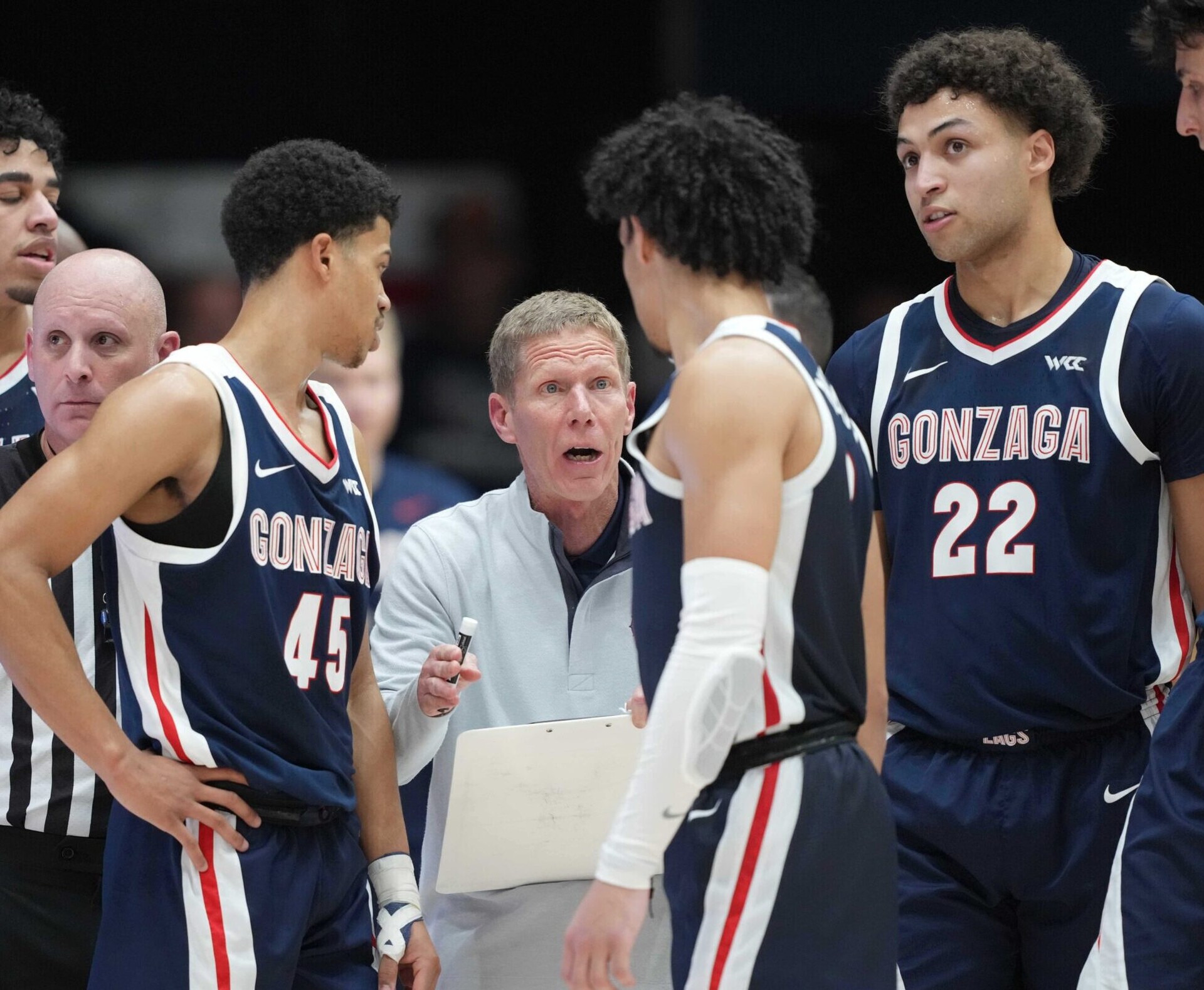 Feb 26, 2022; Moraga, California, USA; Gonzaga Bulldogs head coach Mark Few talks to players during the second half against the Saint Mary's Gaels at University Credit Union Pavilion.