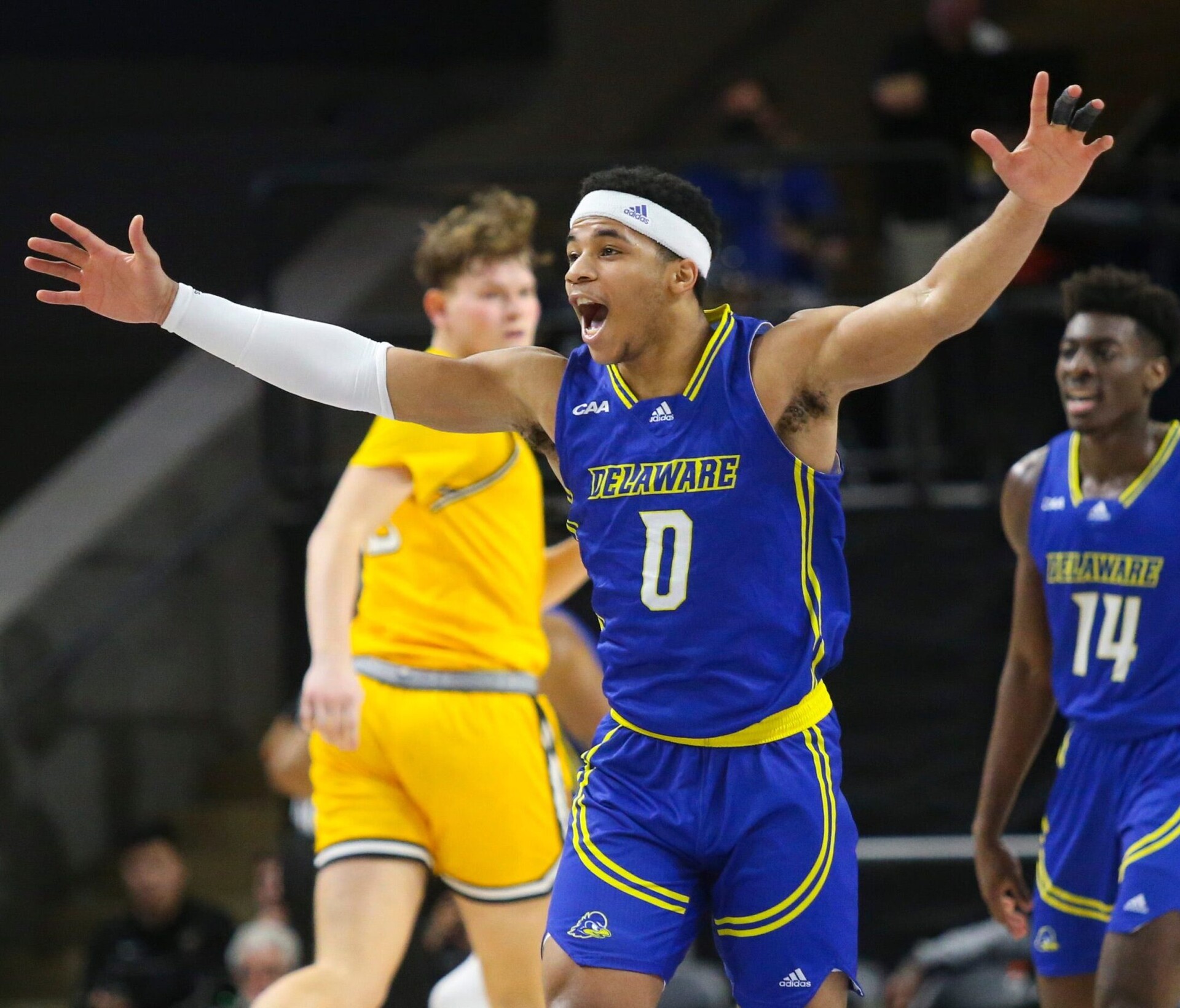 Delaware's Jameer Nelson, Jr. reacts to an unforced Towson turnover in the first half of a CAA tournament semifinal at the Entertainment & Sports Arena in Washington, D.C., Monday, March 7, 2022.