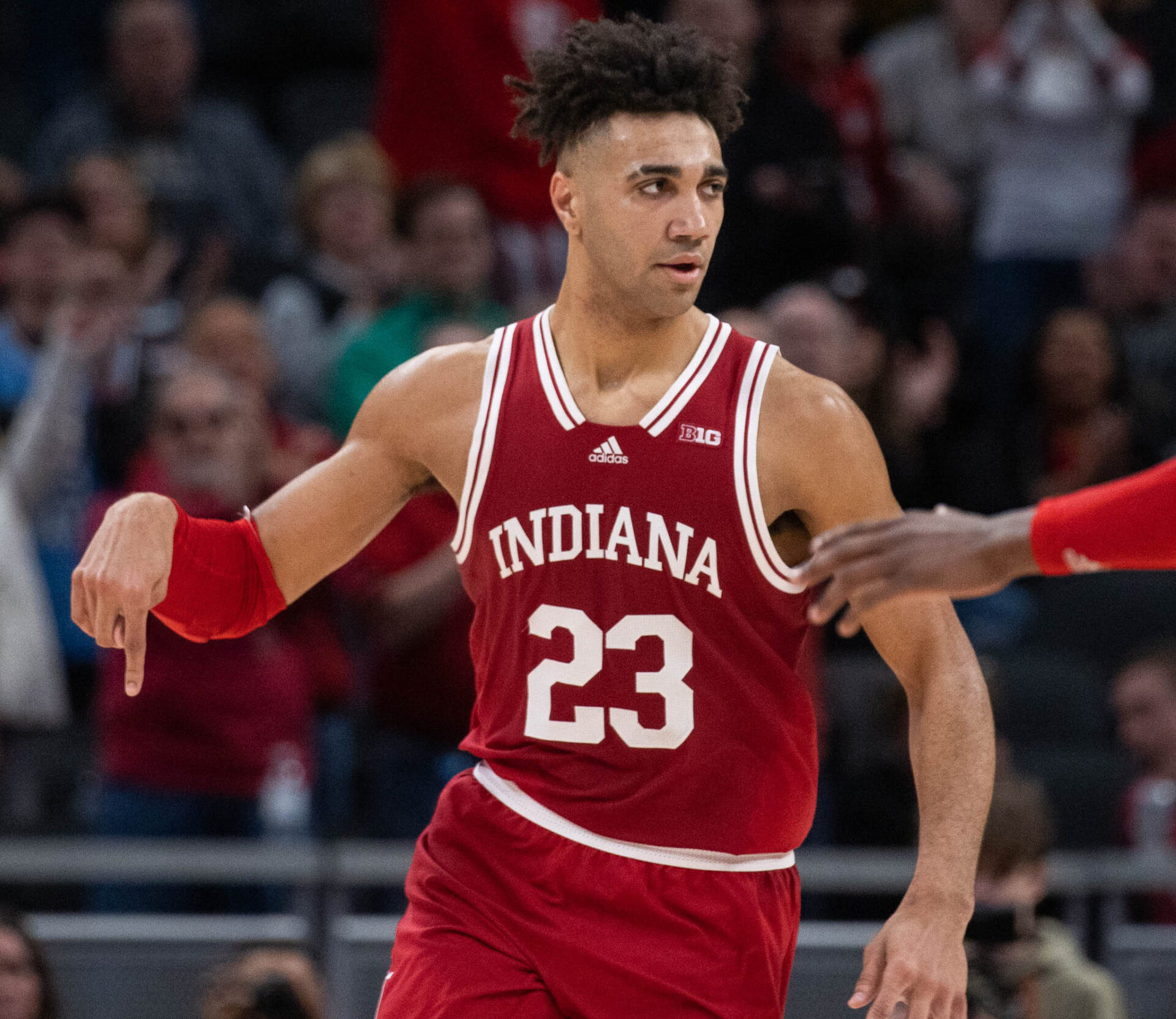 Indiana Hoosiers forward Trayce Jackson-Davis (23) celebrates a basket in the second half against the Michigan Wolverines at Gainbridge Fieldhouse in Indianapolis on March 10, 2022