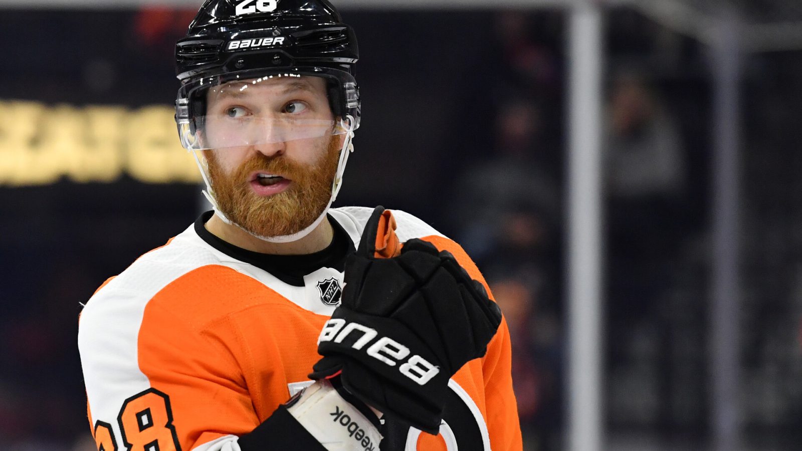 Philadelphia Flyers center Claude Giroux looks on during a break in the action in a game against the Edmonton Oilers