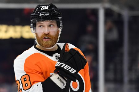 Philadelphia Flyers center Claude Giroux looks on during a break in the action in a game against the Edmonton Oilers