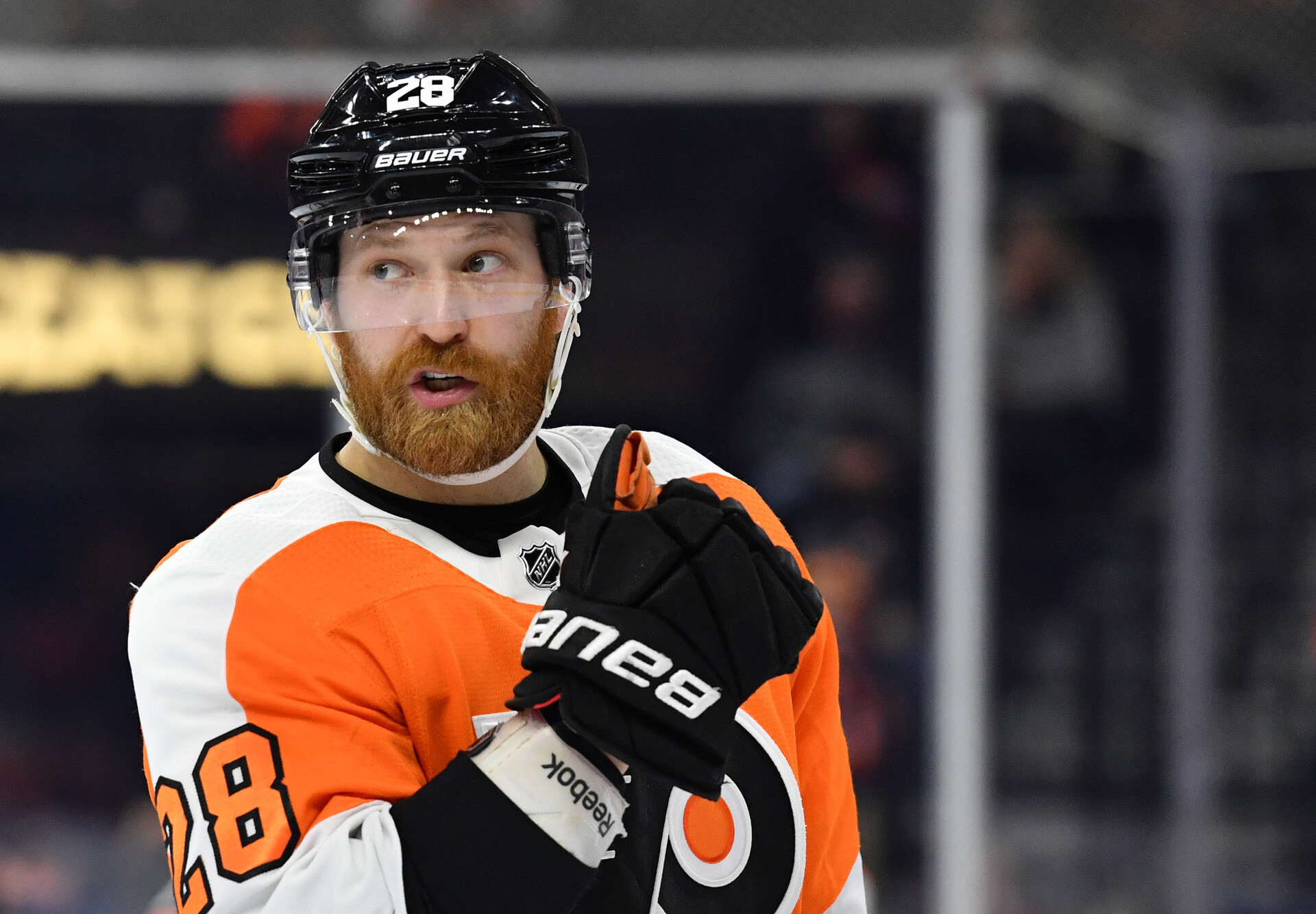 Philadelphia Flyers center Claude Giroux looks on during a break in the action in a game against the Edmonton Oilers
