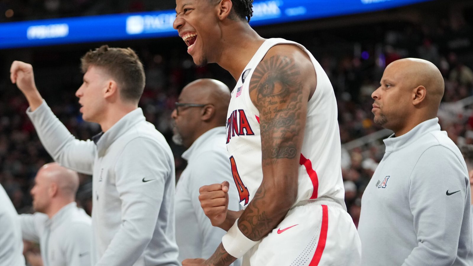 Arizona Wildcats guard Dalen Terry (4) reacts from the bench in a game against thew Colorado Buffaloes during the first half at T-Mobile Arena in Las Vegas on March 11, 2022.