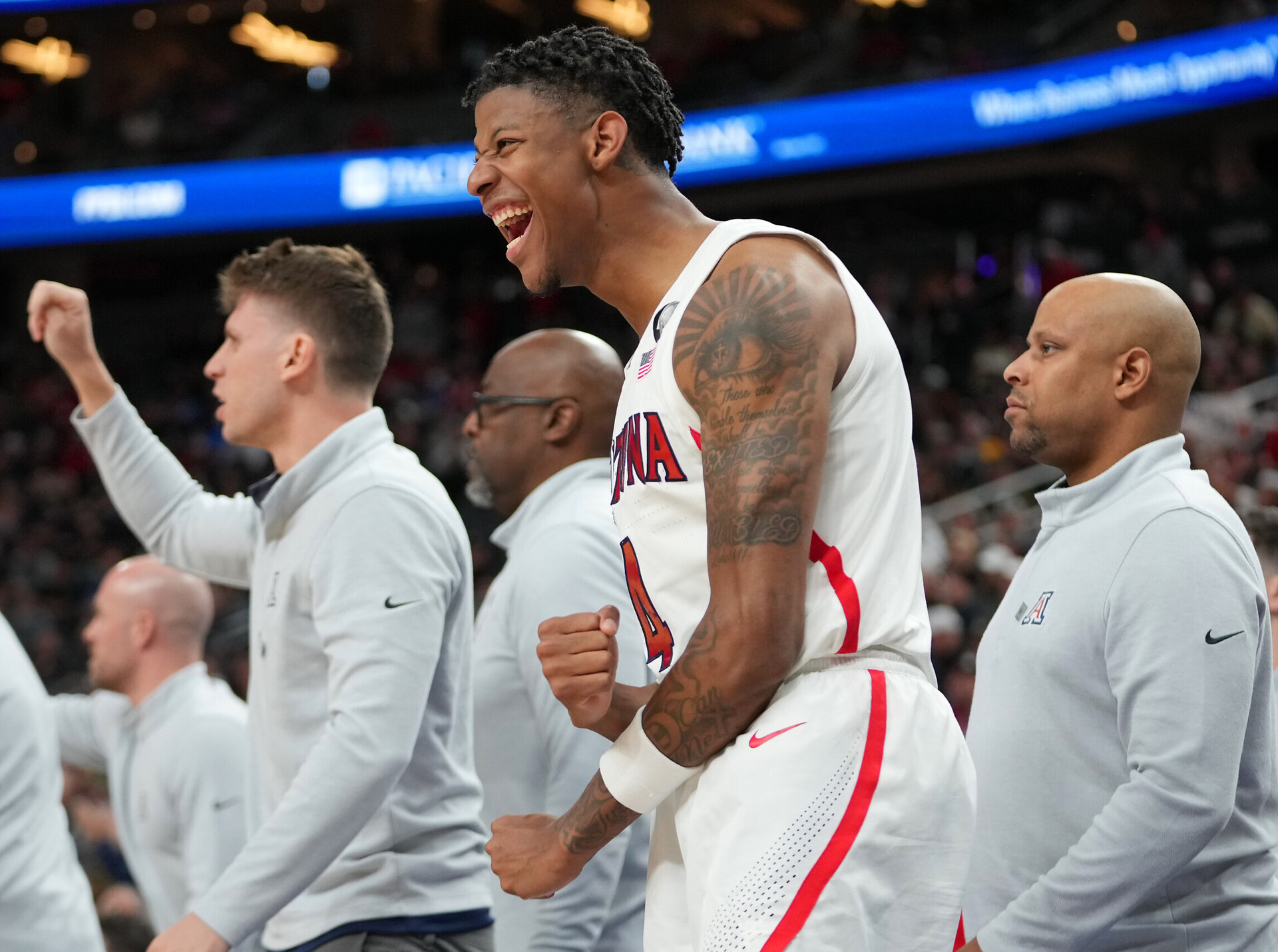 Arizona Wildcats guard Dalen Terry (4) reacts from the bench in a game against thew Colorado Buffaloes during the first half at T-Mobile Arena in Las Vegas on March 11, 2022.
