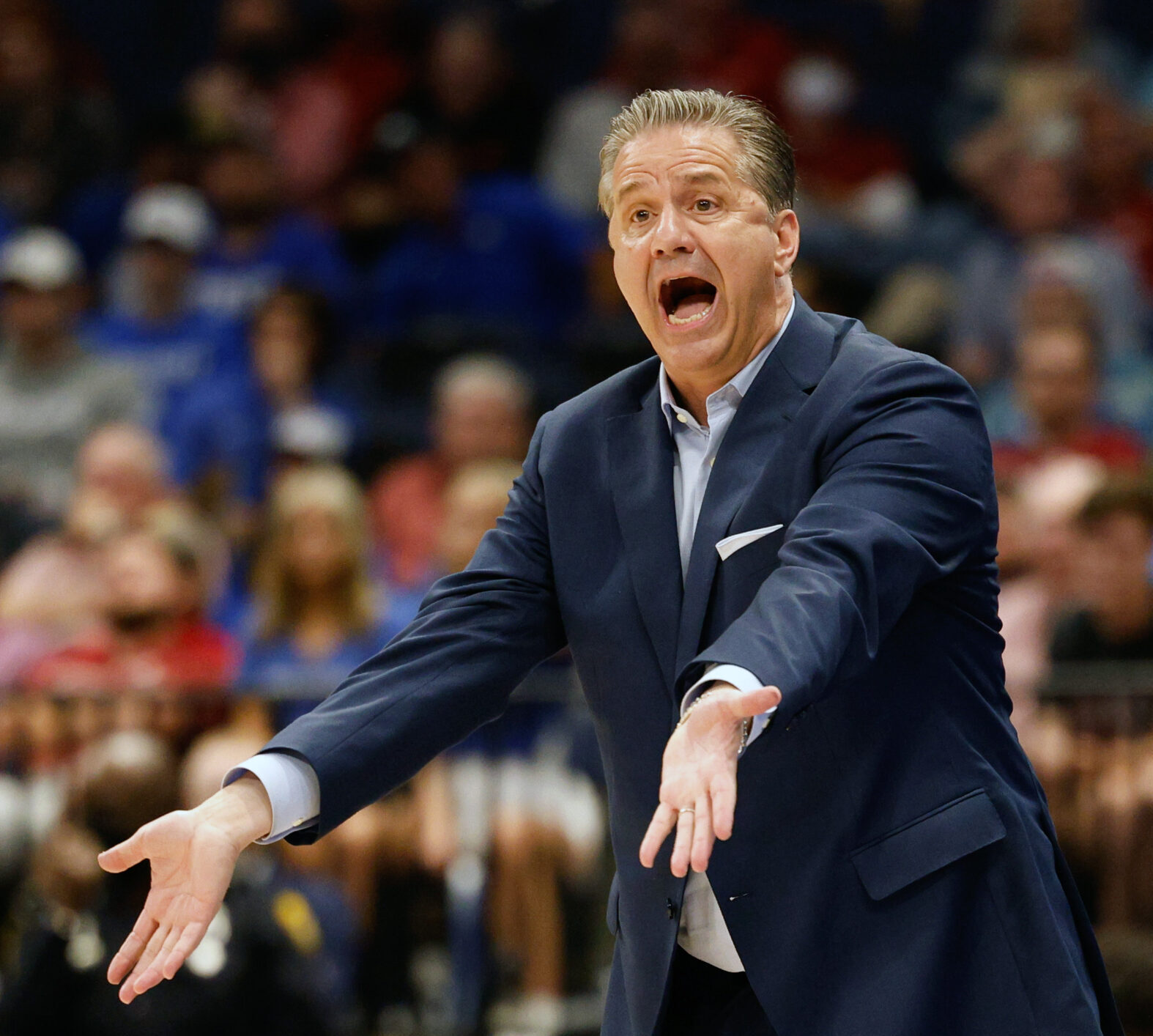 Kentucky Wildcats head coach John Calipari reacts to a foul call in the second half during a game against the Vanderbilt Commodores at Amelie Arena in Tampa, Fla., on March 11, 2022.
