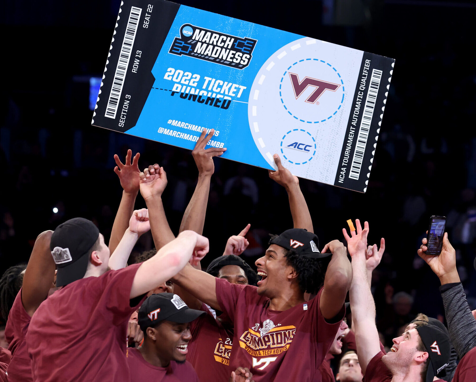 Virginia Tech Hokies players celebrate after defeating the Duke Blue Devils in the ACC Tournament championship game