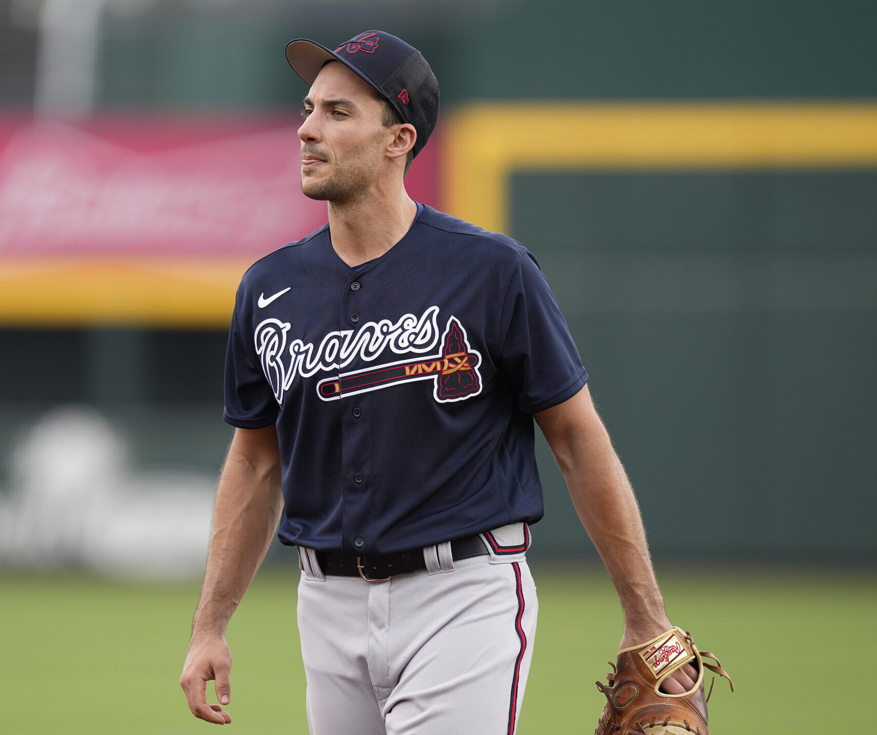 New Atlanta Braves first baseman Matt Olson takes infield during spring training workouts at Cool Today Park