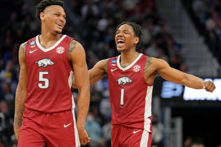 Arkansas Razorbacks guard Au'Diese Toney (5) and guard JD Notae (1) react after a play against the Gonzaga Bulldogs during the second half in the semifinals of the West regional of the men's college basketball NCAA Tournament at Chase Center. The Arkansas Razorbacks won 74-68 at Chase Center in San Francisco on Thursday, March 24, 2022.