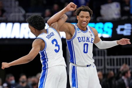 Duke Blue Devils guard Jeremy Roach (3) and forward Wendell Moore Jr. (0) reacts after a play against the Texas Tech Red Raiders during the second half in the semifinals of the West regional of the men's college basketball NCAA Tournament at Chase Center. The Duke Blue Devils won 78-73 at Chase Center in San Francisco on Thursday, March 24, 2022.